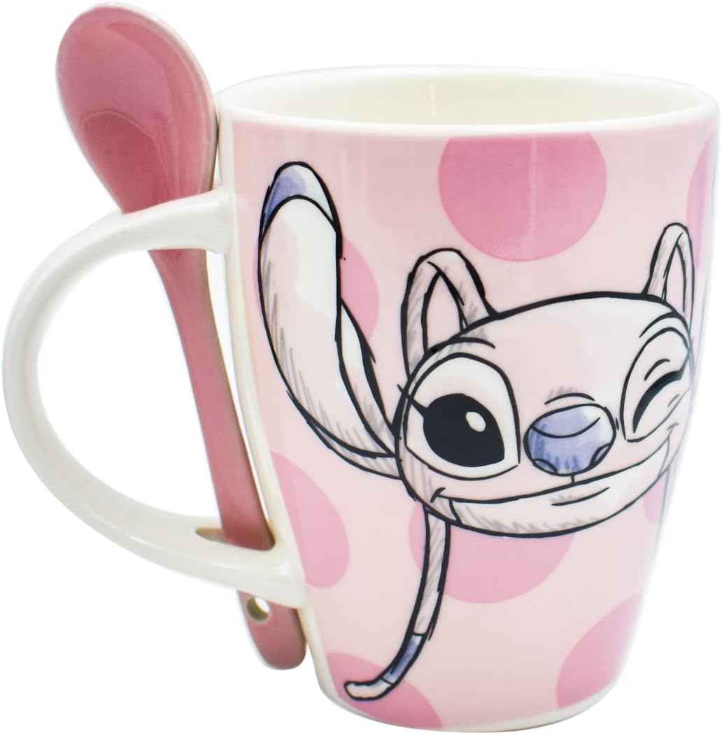 Fun Kids 1738-252 Set de Tazas para Pareja, Taza para Café, Té o Infusiones de Cerámica, Tarro Disney con Diseño Original Stitch y Angel con Cuchara y Caja de Regalo de 410 mililitros, Color Azul y Rosa