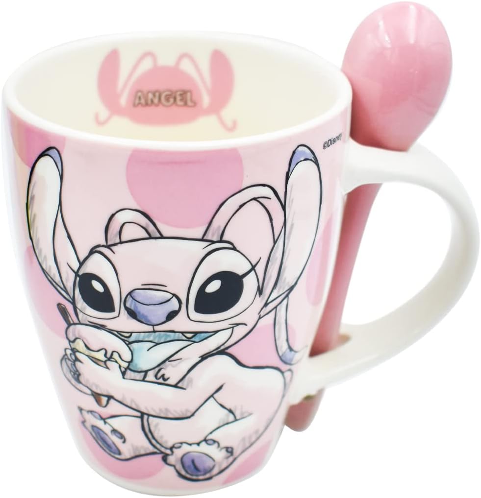 Fun Kids 1738-252 Set de Tazas para Pareja, Taza para Café, Té o Infusiones de Cerámica, Tarro Disney con Diseño Original Stitch y Angel con Cuchara y Caja de Regalo de 410 mililitros, Color Azul y Rosa