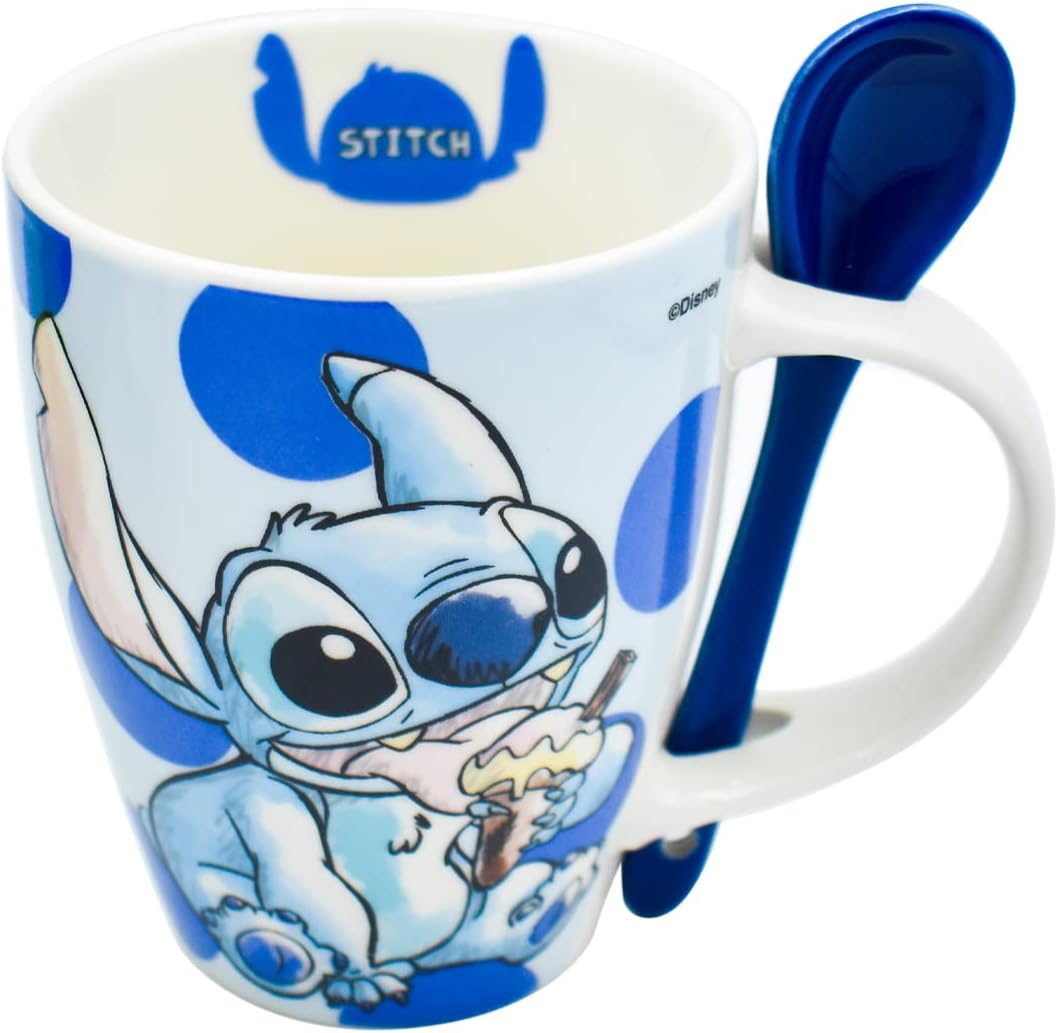 Fun Kids 1738-252 Set de Tazas para Pareja, Taza para Café, Té o Infusiones de Cerámica, Tarro Disney con Diseño Original Stitch y Angel con Cuchara y Caja de Regalo de 410 mililitros, Color Azul y Rosa