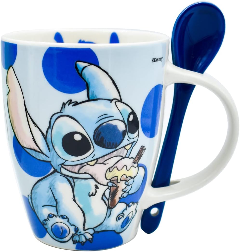 Fun Kids 1738-252 Set de Tazas para Pareja, Taza para Café, Té o Infusiones de Cerámica, Tarro Disney con Diseño Original Stitch y Angel con Cuchara y Caja de Regalo de 410 mililitros, Color Azul y Rosa