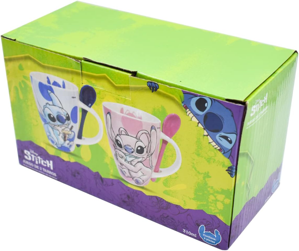 Fun Kids 1738-252 Set de Tazas para Pareja, Taza para Café, Té o Infusiones de Cerámica, Tarro Disney con Diseño Original Stitch y Angel con Cuchara y Caja de Regalo de 410 mililitros, Color Azul y Rosa
