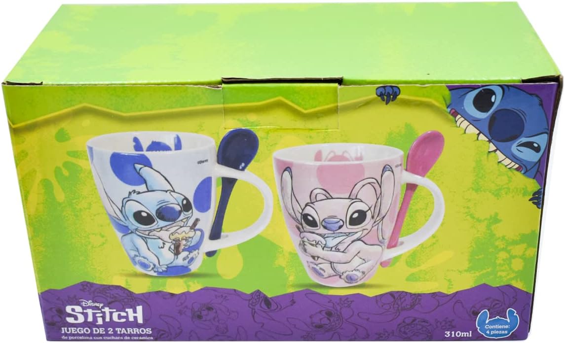 Fun Kids 1738-252 Set de Tazas para Pareja, Taza para Café, Té o Infusiones de Cerámica, Tarro Disney con Diseño Original Stitch y Angel con Cuchara y Caja de Regalo de 410 mililitros, Color Azul y Rosa