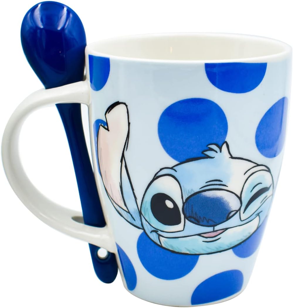Fun Kids 1738-252 Set de Tazas para Pareja, Taza para Café, Té o Infusiones de Cerámica, Tarro Disney con Diseño Original Stitch y Angel con Cuchara y Caja de Regalo de 410 mililitros, Color Azul y Rosa