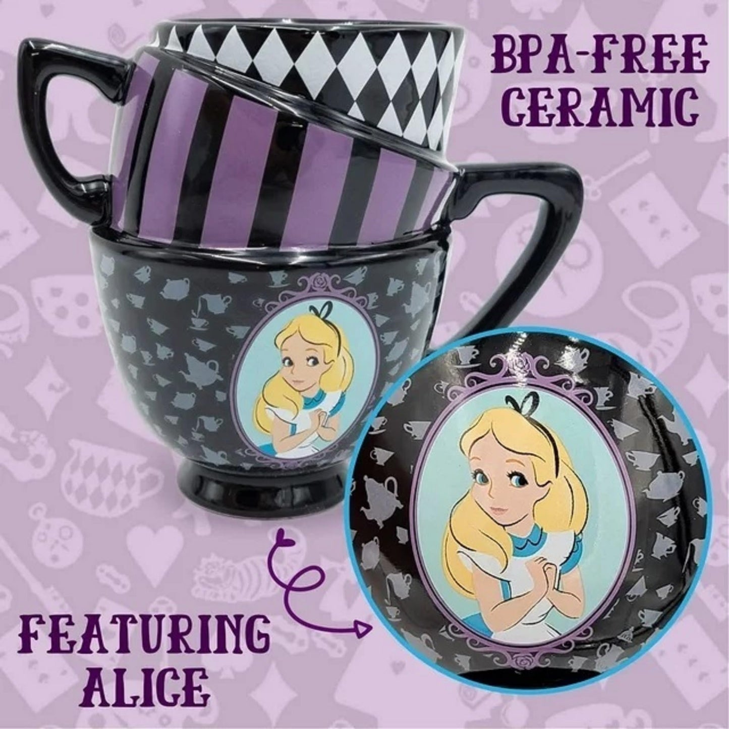 Disney Alicia en el país de las maravillas - Taza de cerámica con diseño de gato Cheshire 3D, Tazas de té apiladas de Alice., Negro, 20-ounces, 1