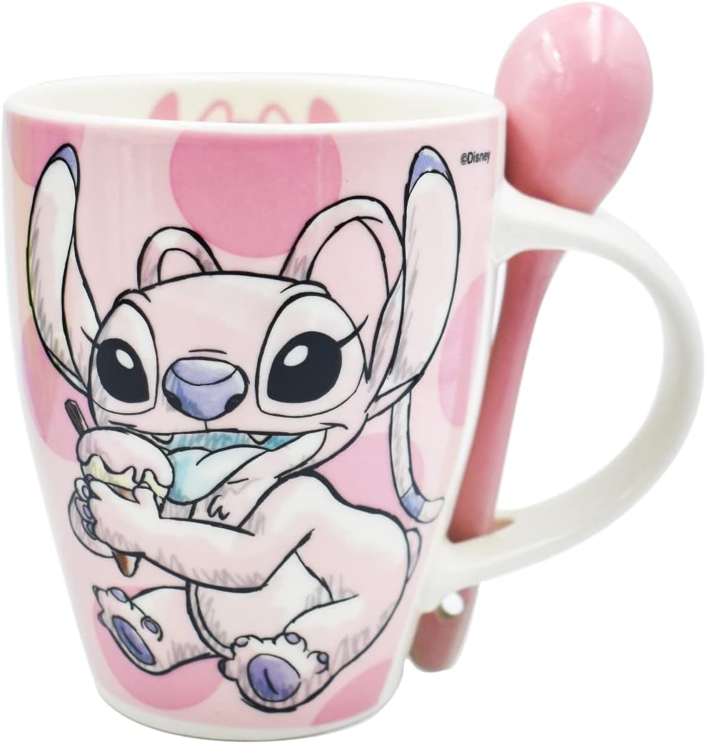 Fun Kids 1738-252 Set de Tazas para Pareja, Taza para Café, Té o Infusiones de Cerámica, Tarro Disney con Diseño Original Stitch y Angel con Cuchara y Caja de Regalo de 410 mililitros, Color Azul y Rosa