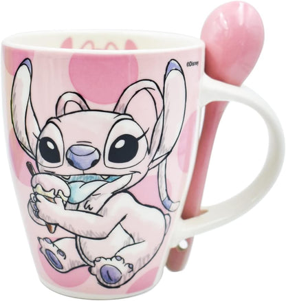 Fun Kids 1738-252 Set de Tazas para Pareja, Taza para Café, Té o Infusiones de Cerámica, Tarro Disney con Diseño Original Stitch y Angel con Cuchara y Caja de Regalo de 410 mililitros, Color Azul y Rosa