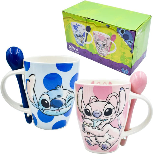 Fun Kids 1738-252 Set de Tazas para Pareja, Taza para Café, Té o Infusiones de Cerámica, Tarro Disney con Diseño Original Stitch y Angel con Cuchara y Caja de Regalo de 410 mililitros, Color Azul y Rosa